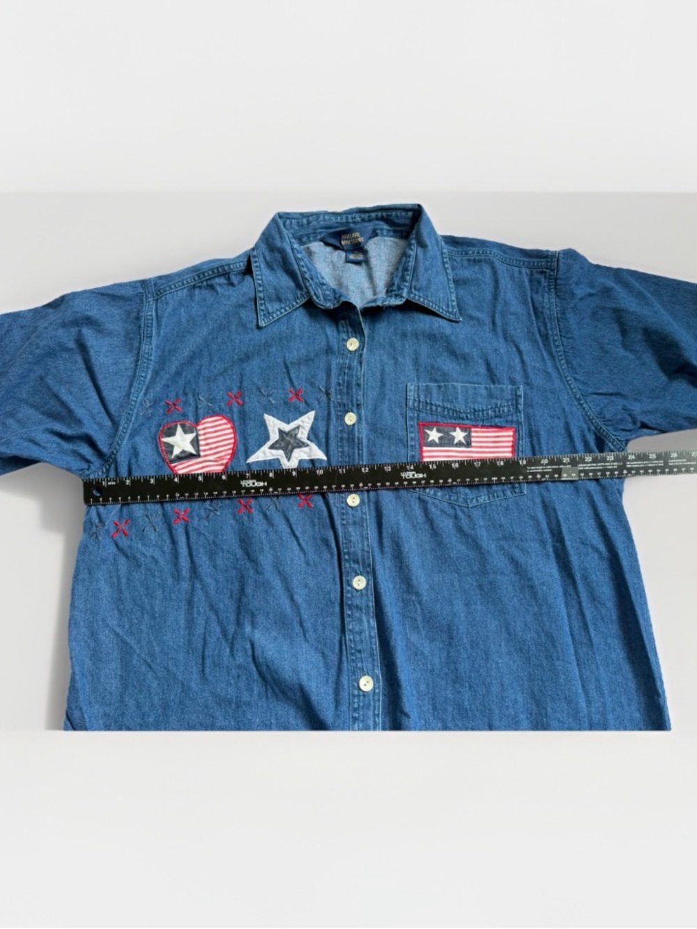 Vintage Patriotic Embroidered Denim Button Up Shirt July 4 Grandmacore Festival - Picture 8 of 9